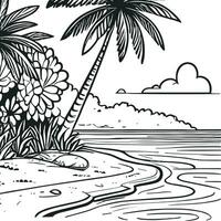 colorazione libro semplice schizzi per figli, illustrazioni di naturale visualizzazioni su il spiaggia, Là siamo pesca Barche, Noce di cocco alberi e mangrovia alberi vettore