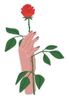 elegante femmina mano con rosa fiore. internazionale donna giorno cartone animato vettore illustrazione. piatto semplice clipart isolato su bianca.