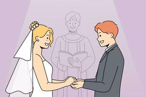 matrimonio cerimonia di uomo e donna Tenere mani, in piedi vicino altare con candeliere vettore
