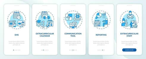 2d icone che rappresentano extracurriculari gestione sistema mobile App schermo impostare. Procedura dettagliata 5 passaggi blu grafico Istruzioni con linea icone concetto, ui, ux, gui modello. vettore