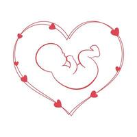 disegno di un' bambino embrione nel un' cuore con cuori in giro esso. neonato bambino icona, cartolina, vettore