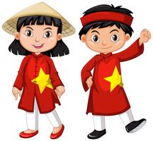 Ragazzo e ragazza vietnamiti in costume rosso vettore