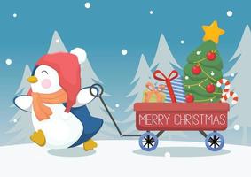simpatico pinguino di Natale e carrello regalo vettore