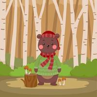 simpatico orso dei cartoni animati che indossa un maglione nell'illustrazione della foresta vettore