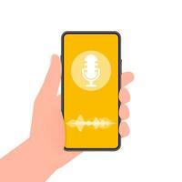 mano detiene Telefono con disco Podcast su schermo su giallo sfondo. vettore illustrazione.