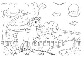 unicorno magico fata sul paesaggio. cavallo carino. pagina del libro da colorare per bambini. stile cartone animato. illustrazione vettoriale isolato su sfondo bianco.