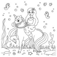 una sirena cavalca un unicorno. pagina del libro da colorare per bambini. personaggio in stile cartone animato. illustrazione vettoriale isolato su sfondo bianco.