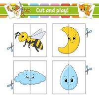 taglia e gioca. schede flash. puzzle di colore. foglio di lavoro per lo sviluppo dell'istruzione. pagina delle attività. gioco per bambini. personaggio divertente. illustrazione vettoriale isolato. stile cartone animato.