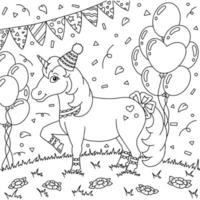 un divertente unicorno con un cappello da festa che si diverte a una festa di compleanno. cavallo carino. pagina del libro da colorare per bambini. stile cartone animato. illustrazione vettoriale isolato su sfondo bianco.