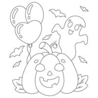 simpatico fantasma e zucca con palloncini. pagina del libro da colorare per bambini. personaggio in stile cartone animato. illustrazione vettoriale isolato su sfondo bianco. tema di Halloween.