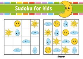 sudoku per bambini. foglio di lavoro per lo sviluppo dell'istruzione. pagina delle attività con immagini. gioco di puzzle per bambini. formazione al pensiero logico. illustrazione vettoriale isolato. personaggio divertente. stile cartone animato.