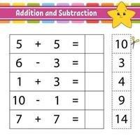 addizione e sottrazione. compito per i bambini. foglio di lavoro per lo sviluppo dell'istruzione. pagina delle attività. gioco per bambini. personaggio divertente. illustrazione vettoriale isolato. stile cartone animato.