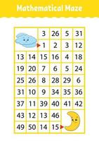 labirinto matematico. gioco per bambini. labirinto di numeri foglio di lavoro per lo sviluppo dell'istruzione. pagina delle attività. puzzle per bambini. personaggi dei cartoni animati. indovinello per la scuola materna. illustrazione vettoriale a colori