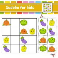 sudoku per bambini. foglio di lavoro per lo sviluppo dell'istruzione. pagina delle attività con immagini. gioco di puzzle per bambini. formazione al pensiero logico. illustrazione vettoriale isolato. personaggio divertente. stile cartone animato.