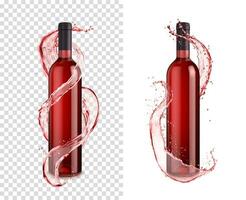 bottiglia con rosso vino spruzzo e vortice, 3d vettore