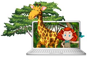 Ragazza e giraffa sullo schermo del computer vettore