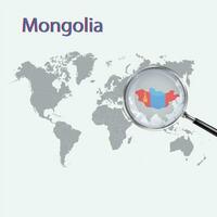 un' ingrandimento bicchiere su Mongolia di il mondo carta geografica, Ingrandisci Mongolia carta geografica con un' pendenza sfondo e Mongolia bandiera su il carta geografica, vettore arte