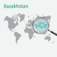 un' ingrandimento bicchiere su Kazakistan di il mondo carta geografica, Ingrandisci Kazakistan carta geografica con pendenza sfondo e Kazakistan bandiera su carta geografica, vettore arte