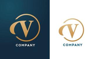 v lettera dell'alfabeto logo icona in colore oro e blu. design semplice e creativo del cerchio d'oro per azienda e affari vettore