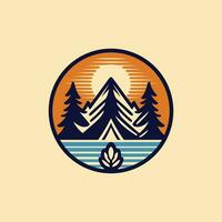 Vintage ▾ avventura all'aperto distintivo. campeggio emblema logo con montagna e albero illustrazione vettore