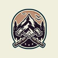 Vintage ▾ avventura all'aperto distintivo. campeggio emblema logo con montagna e albero illustrazione vettore