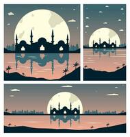 collezione di moschea sagome con urbano edifici e tramonto sfondo vettore