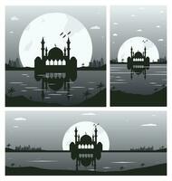 collezione di moschea silhouette sfondi con urbano edifici e pieno Luna nel il sfondo vettore
