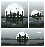 collezione di moschea silhouette sfondi con urbano edifici e pieno Luna nel il sfondo vettore