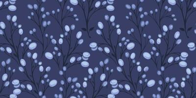 luminosa blu monocromatico floreale stelo senza soluzione di continuità modello. creativo rami con frutti di bosco o gocce sfondo . astratto semplice arte botanico Stampa. vettore mano disegnato. design per moda, tessuto, tessile