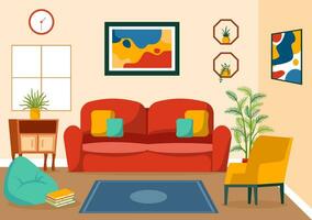 casa arredamento vettore illustrazione con vivente camera interno e mobilia come come confortevole divano, finestra, sedia, Casa impianti e Accessori