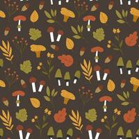 autunno senza soluzione di continuità modello con foglie, fiori, funghi e ghianda. Marrone sfondo con carino mano disegnato autunno botanica elementi. vettore