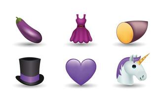 6 emoticon isolato su bianca sfondo. isolato vettore illustrazione. melanzana, festa vestire, Magia cappello, viola cuore, unicorno vettore emoji illustrazione. impostato di 3d oggetti illustrazione.