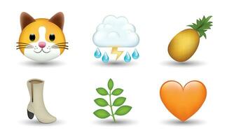 6 emoticon isolato su bianca sfondo. isolato vettore illustrazione. gatto, nube con pioggia e fulmine, ananas, donna di avvio, foglie, arancia cuore vettore emoji illustrazione. 3d illustrazione.