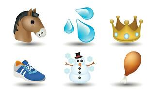 6 emoticon isolato su bianca sfondo. isolato vettore illustrazione. cavallo, acqua far cadere, corona, scarpe da ginnastica, pupazzo di neve, pollo vettore emoji illustrazione. 3d illustrazione.