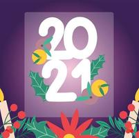 2021 felice anno nuovo, numeri con fiori di frutta sfondo sfocato vettore