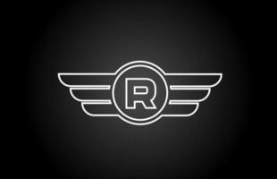 icona del logo della lettera dell'alfabeto r per affari e società con design dell'ala della linea in bianco e nero vettore