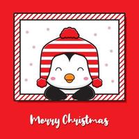 simpatico pinguino sulla finestra che saluta buon natale e felice anno nuovo cartone animato doodle card illustrazione vettore