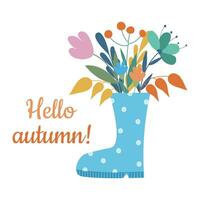 Ciao autunno saluto carta con gomma da cancellare stivali e fiori. vettore illustrazione.