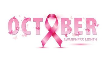 illustrazione del concetto di consapevolezza del cancro al seno simbolo del nastro rosa, macchie di acquerello rosa con testo ottobre. illustrazione disegnata a mano di vettore. vettore