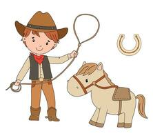 cowboy ragazzo con laccio e cavallo. carino infantile cartone animato illustrazione isolato su bianca sfondo per bambini vettore