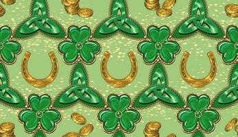 geometrico st patricks giorno modello con celtico triskele cartello, d'oro ferro di cavallo, monete, trifoglio, trifoglio piace gioielleria incantesimi fatto di verde smalto nel d'oro telaio. vettore