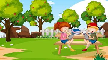 bambini che imparano online con tablet nella scena del parco vettore