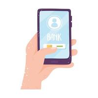 banking online, uomo che tiene smartphone con applicazione mobile su uno schermo isolato vettore