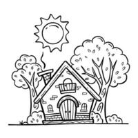 mano disegno illustrazione di casa con camino e alberi nero e bianca schema per bambini e bambini colorazione libro pagina vettore