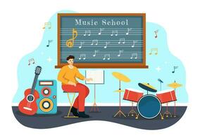 musica scuola vettore illustrazione con giocando vario musicale strumenti, apprendimento formazione scolastica musicisti e cantanti nel piatto bambini cartone animato sfondo