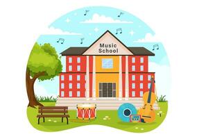 musica scuola vettore illustrazione con giocando vario musicale strumenti, apprendimento formazione scolastica musicisti e cantanti nel piatto bambini cartone animato sfondo