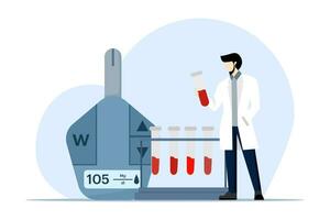 diabete mellito concetto, medico con sangue tubo e sangue glucosio test metro, diabete e insulina produzione su bianca sfondo, moderno piatto vettore illustrazione su bianca sfondo.