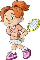 carino poco ragazza cartone animato giocando tennis vettore