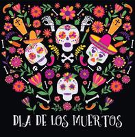 giorno dei morti, dia de los muertos, banner con fiori e icone messicani colorati. festa, poster delle vacanze, volantino per feste, biglietti di auguri divertenti vettore