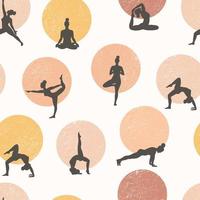 yoga seamless pattern.healthy stile di vita. giornata mondiale della salute. design della superficie con lezione di yoga con persone che meditano e fanno esercizio. vettore